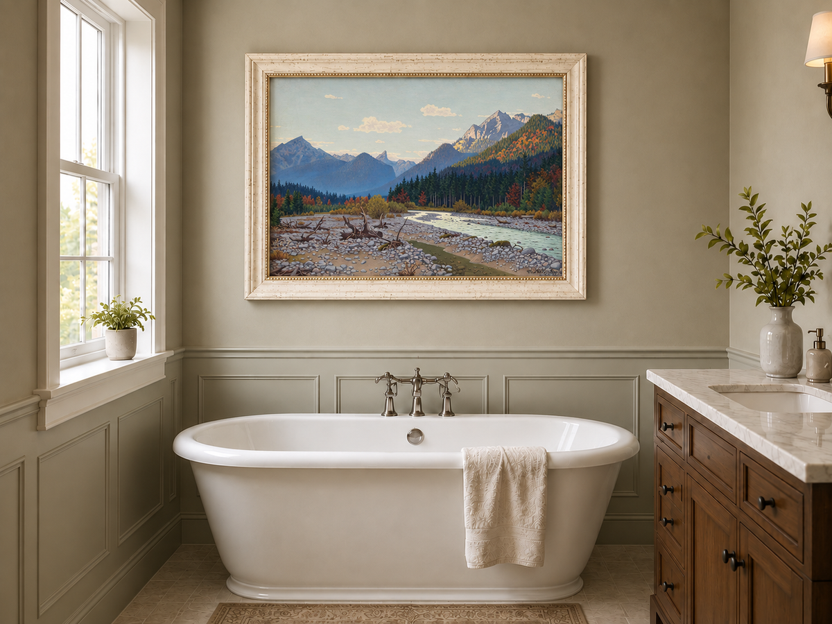 Peinture à l'huile de paysage - rivière de montagne, automne, banc de galets, bois flotté
