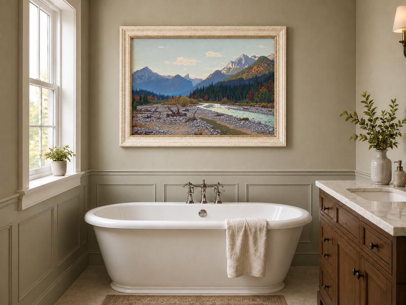 Peinture à l'huile de paysage - rivière de montagne, automne, banc de galets, bois flotté
