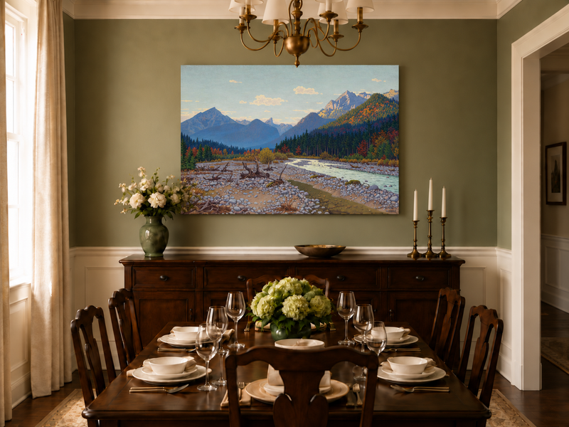 Peinture à l'huile de paysage - rivière de montagne, automne, banc de galets, bois flotté