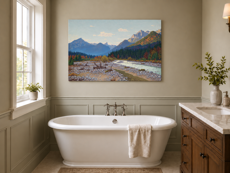 Peinture à l'huile de paysage - rivière de montagne, automne, banc de galets, bois flotté