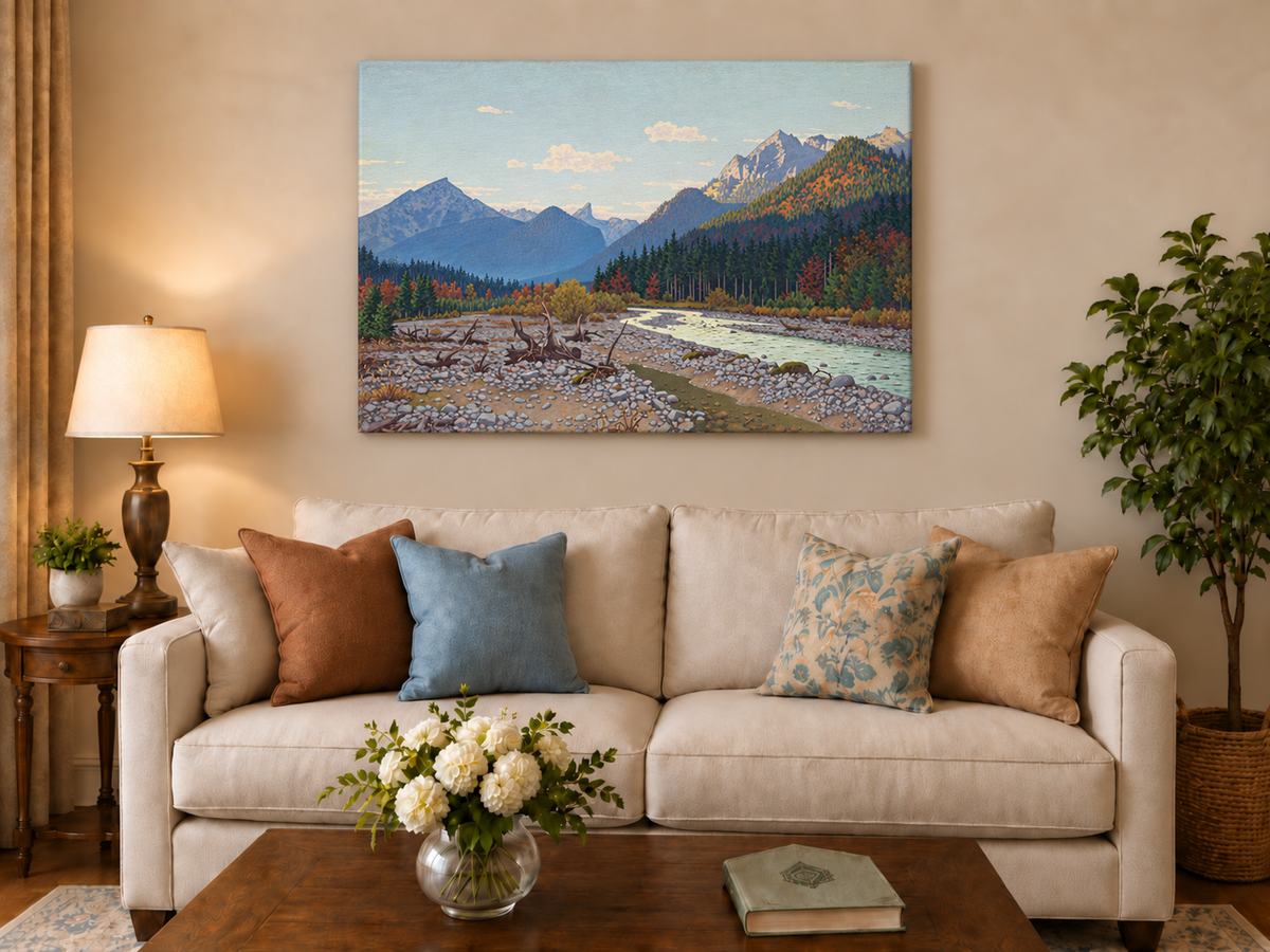 Peinture à l'huile de paysage - rivière de montagne, automne, banc de galets, bois flotté
