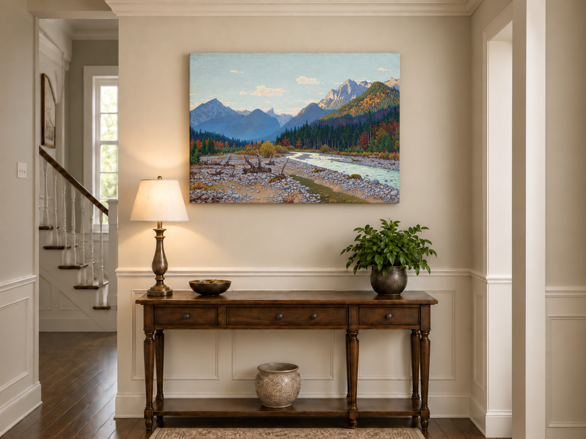 Peinture à l'huile de paysage - rivière de montagne, automne, banc de galets, bois flotté