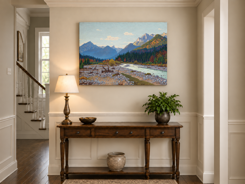 Peinture à l'huile de paysage - rivière de montagne, automne, banc de galets, bois flotté
