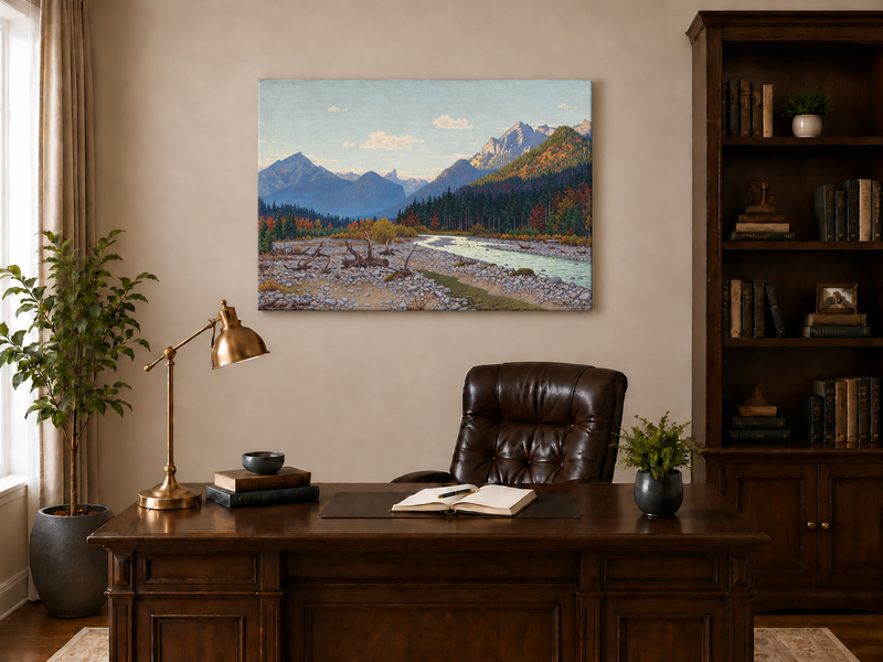Peinture à l'huile de paysage - rivière de montagne, automne, banc de galets, bois flotté