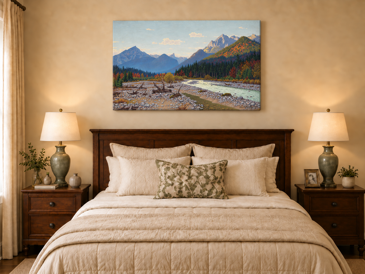 Peinture à l'huile de paysage - rivière de montagne, automne, banc de galets, bois flotté