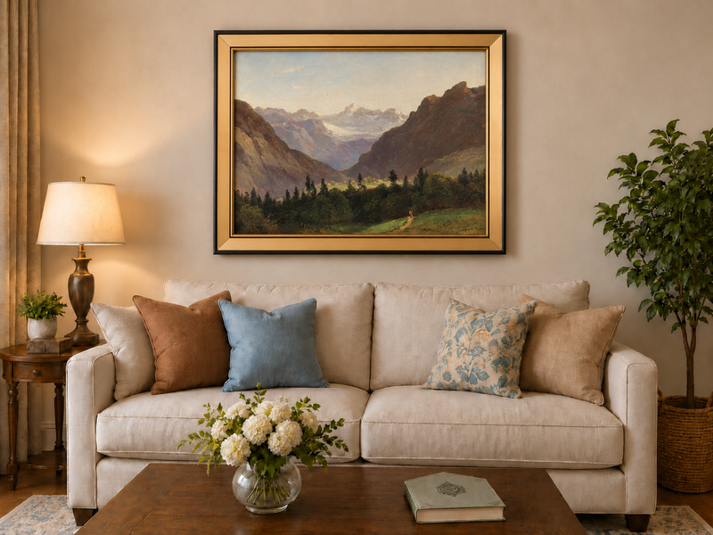 Peinture à l'huile de paysage - Vallée de montagne avec pics alpins