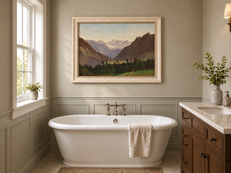 Peinture à l'huile de paysage - Vallée de montagne avec pics alpins