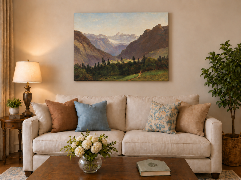 Peinture à l'huile de paysage - Vallée de montagne avec pics alpins