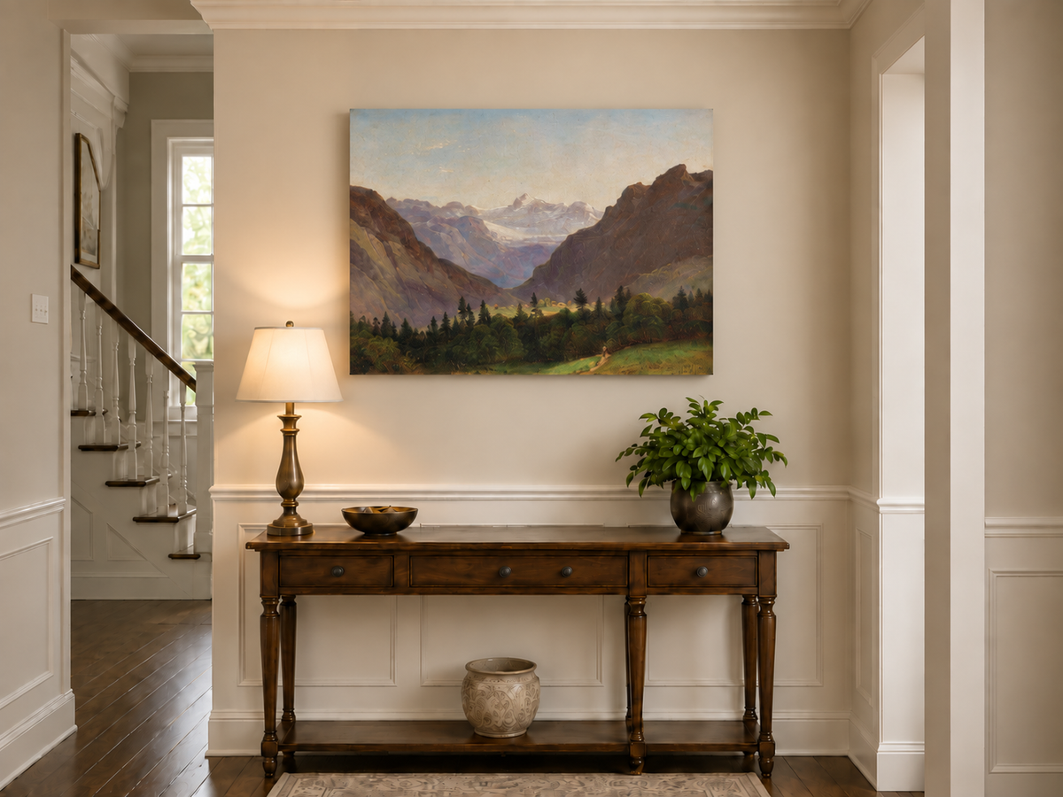 Peinture à l'huile de paysage - Vallée de montagne avec pics alpins