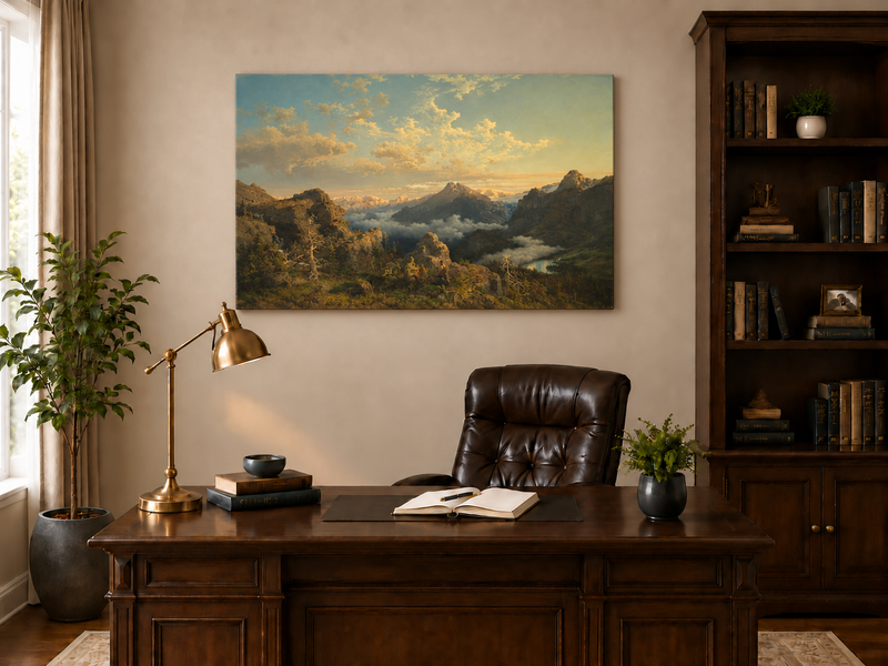 Peinture à l'huile de paysage - Vallée de montagne avec pics alpins