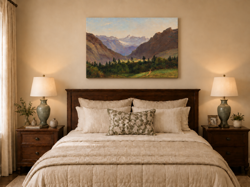 Peinture à l'huile de paysage - Vallée de montagne avec pics alpins