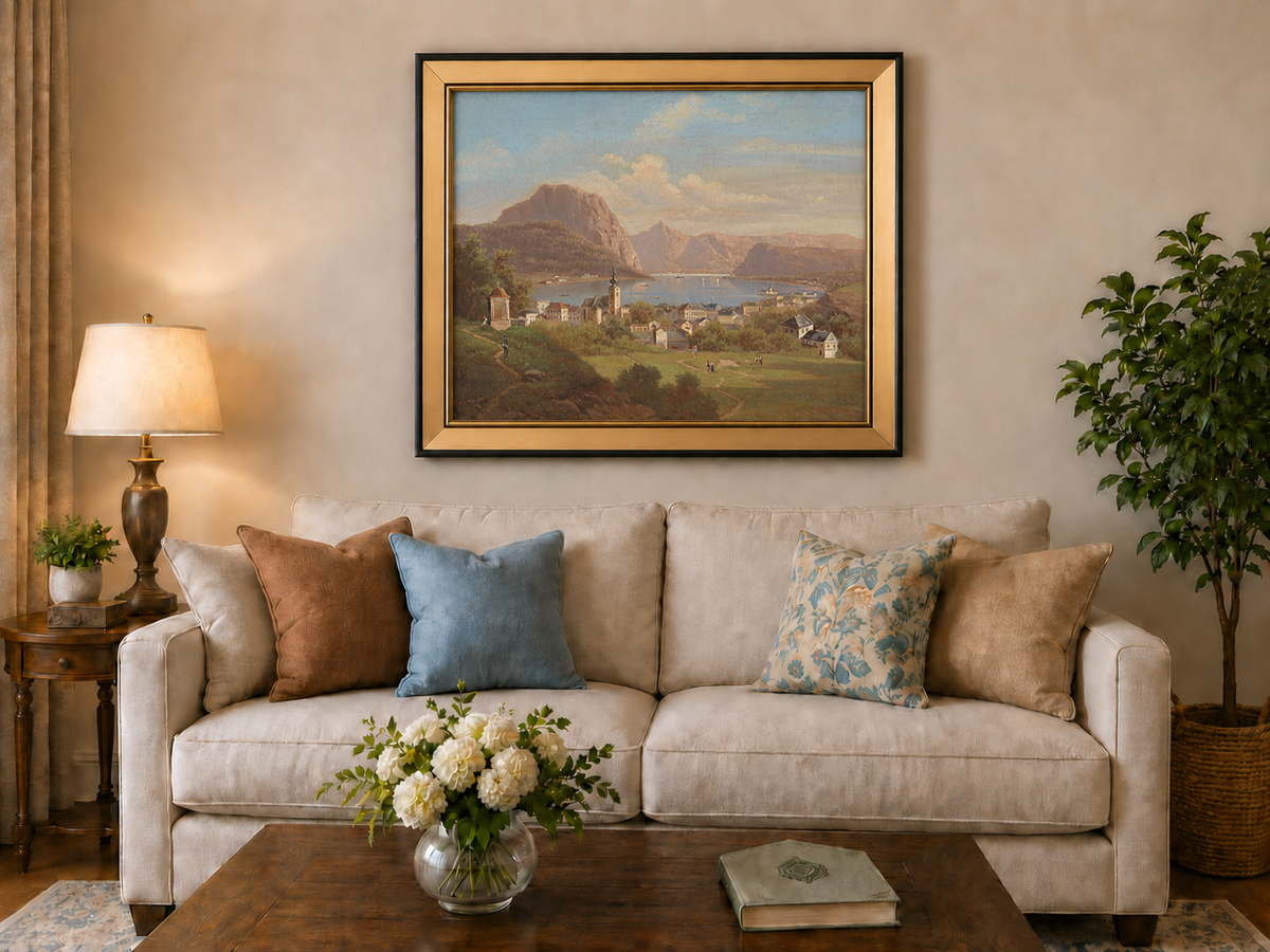 Peinture à l'huile de paysage - Ville au bord du lac, église, montagne et