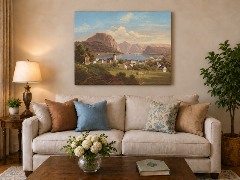 Peinture à l'huile de paysage - Ville au bord du lac, église, montagne et