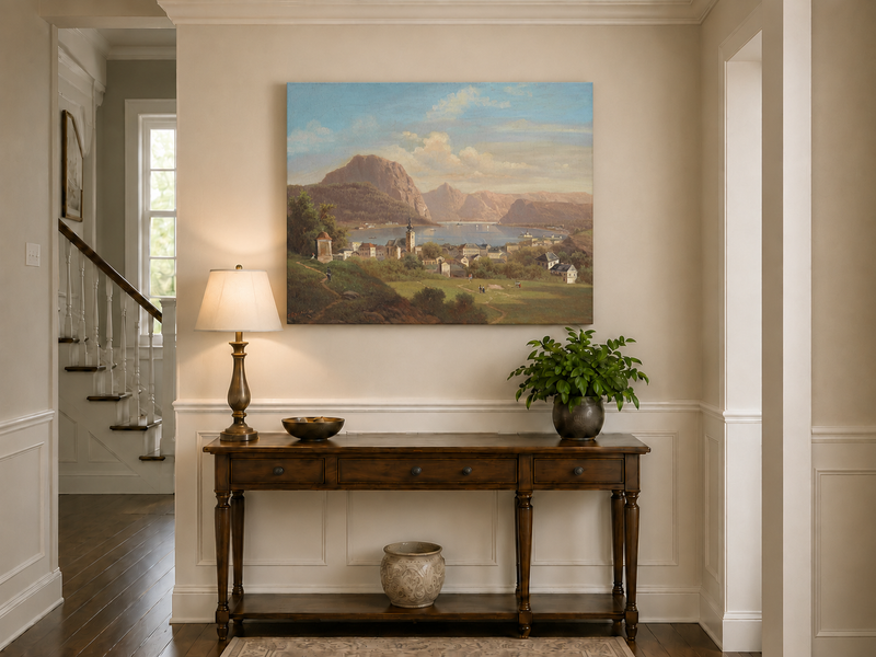 Peinture à l'huile de paysage - Ville au bord du lac, église, montagne et