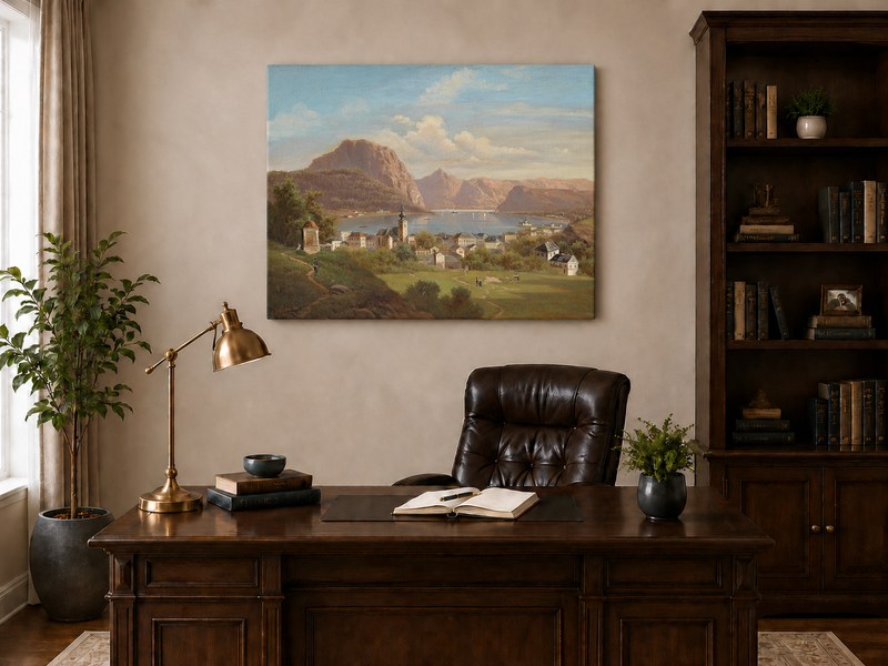 Peinture à l'huile de paysage - Ville au bord du lac, église, montagne et