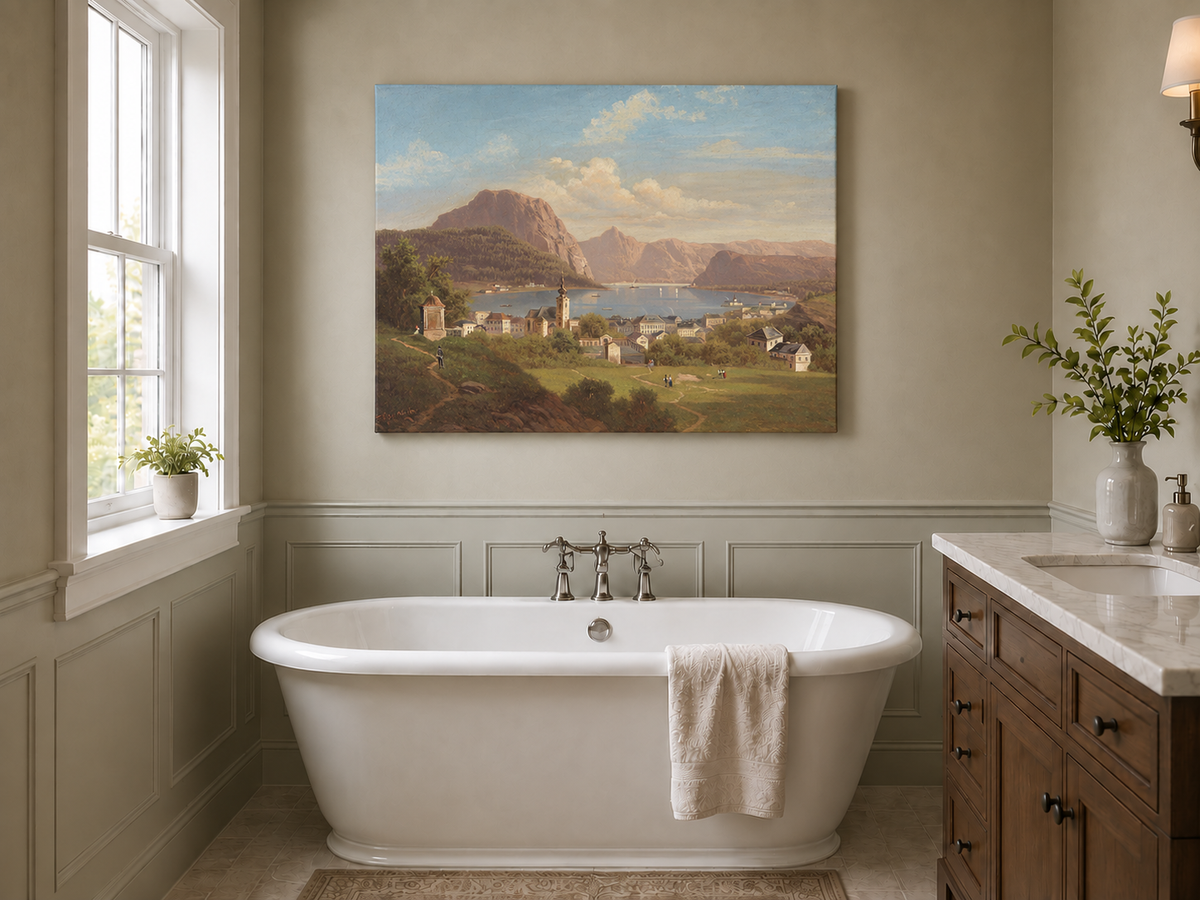 Peinture à l'huile de paysage - Ville au bord du lac, église, montagne et