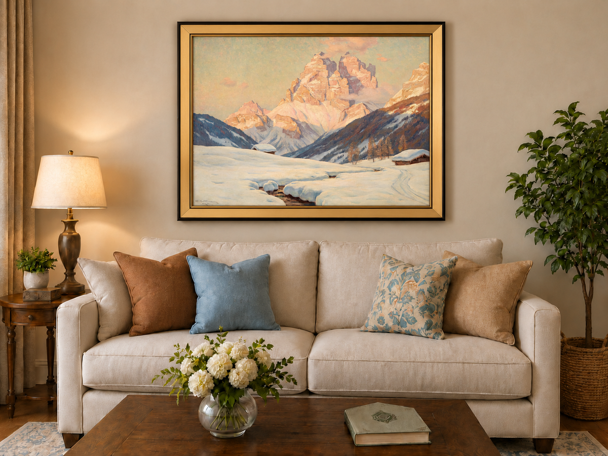 Peinture à l'huile de paysage - Vallée alpine enneig au lever du soleil