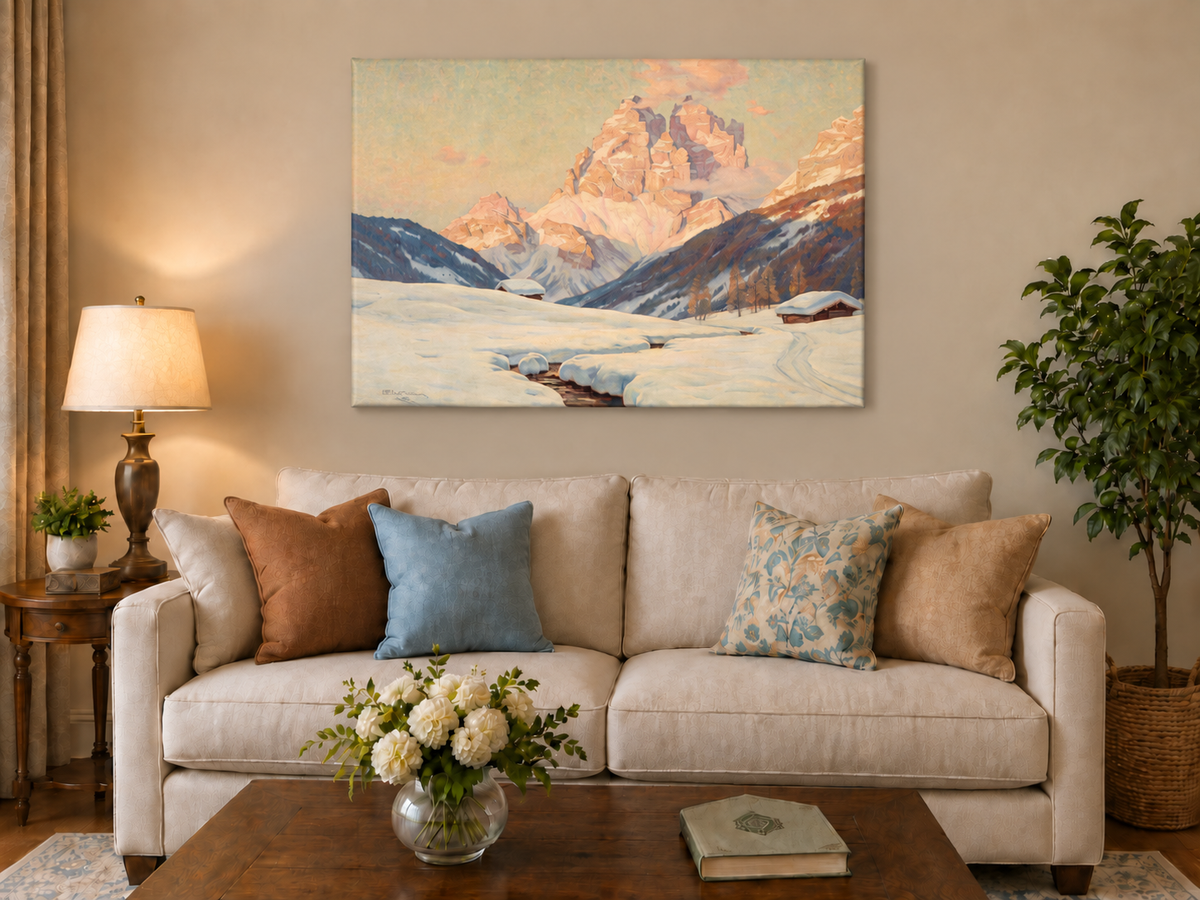 Peinture à l'huile de paysage - Vallée alpine enneig au lever du soleil
