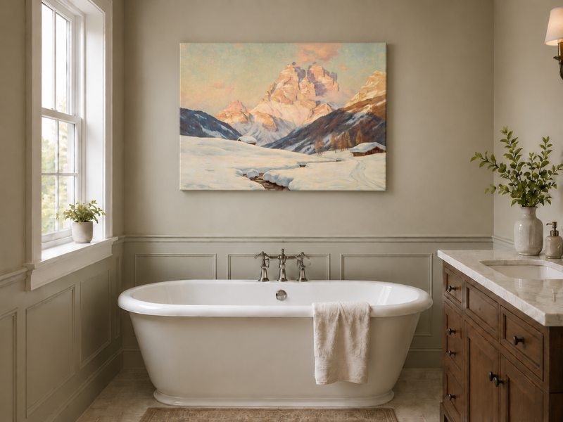 Peinture à l'huile de paysage - Vallée alpine enneig au lever du soleil
