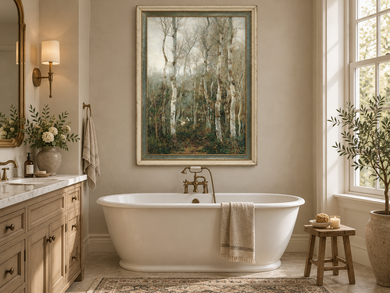 Peinture à l'huile de paysage - Rivière printanière avec pêcheur et arbres