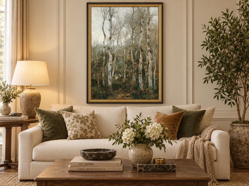 Peinture à l'huile de paysage - Rivière printanière avec pêcheur et arbres