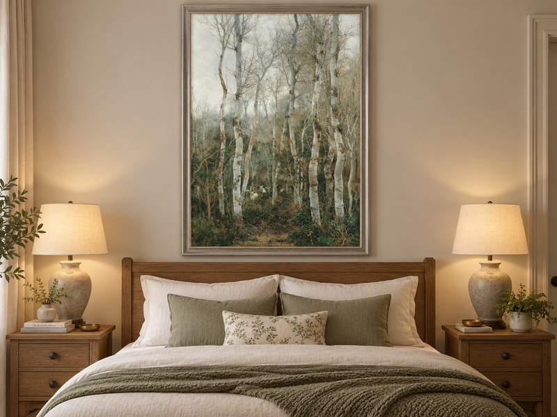 Peinture à l'huile de paysage - Rivière printanière avec pêcheur et arbres