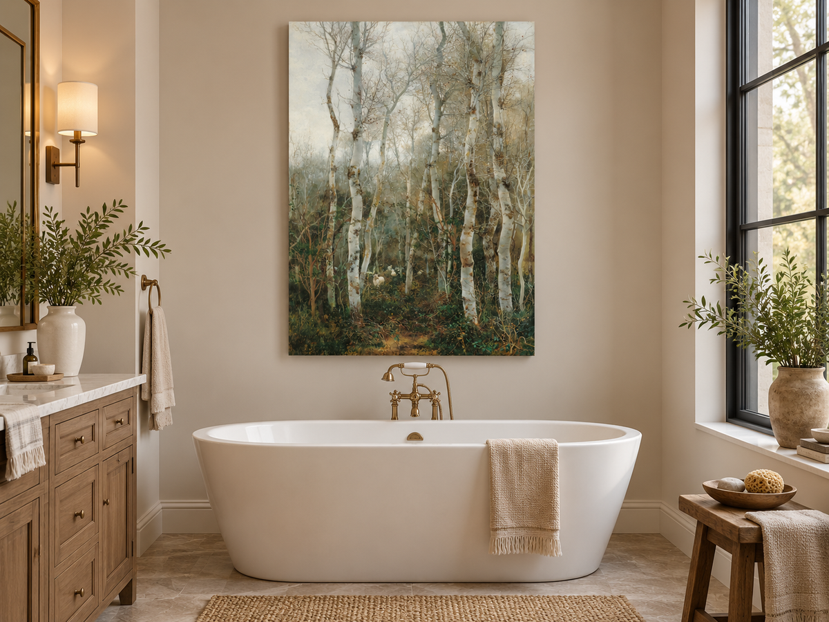 Peinture à l'huile de paysage - Rivière printanière avec pêcheur et arbres