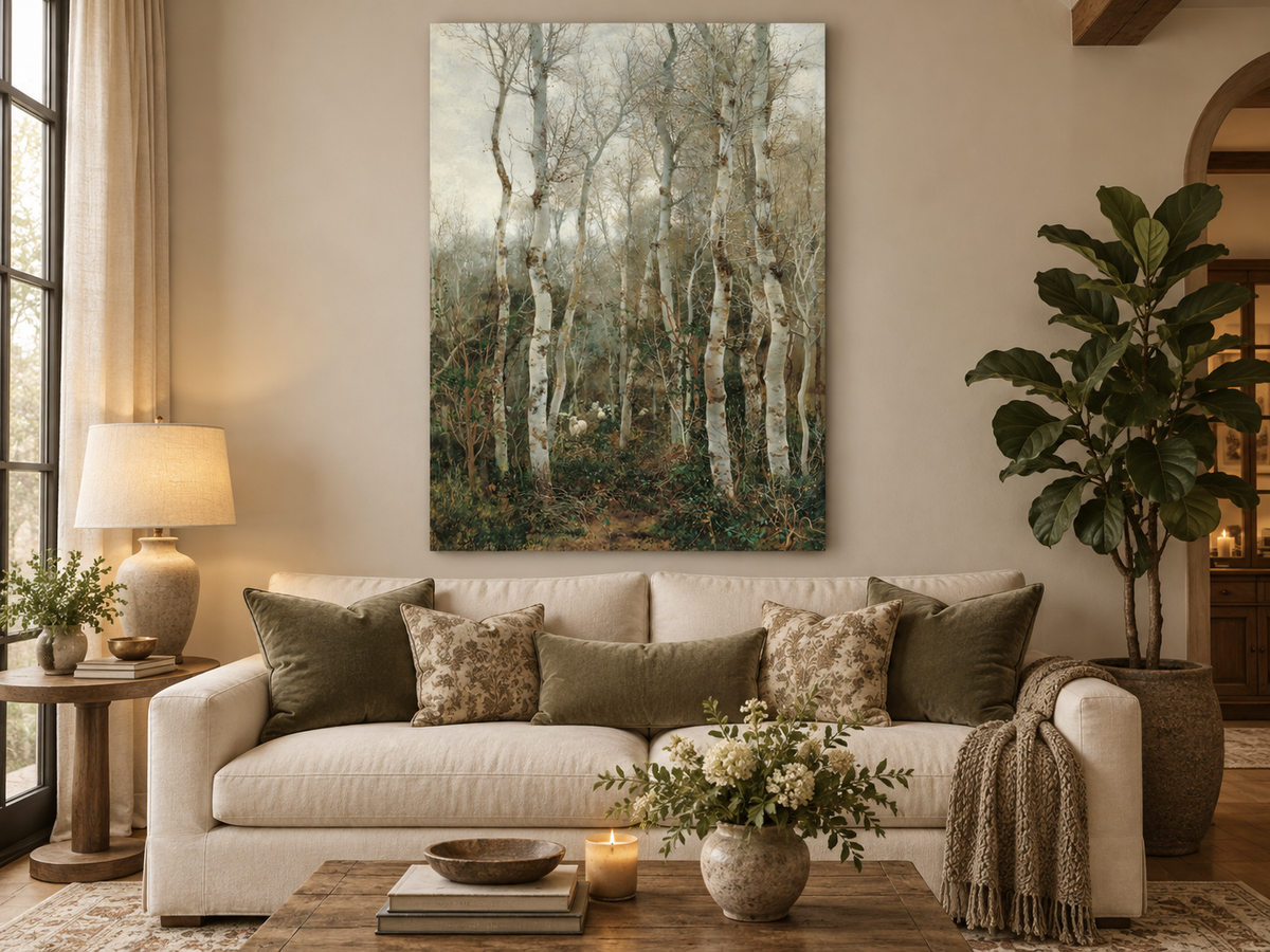 Peinture à l'huile de paysage - Rivière printanière avec pêcheur et arbres