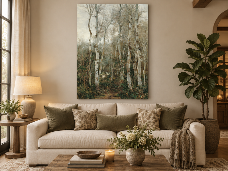 Peinture à l'huile de paysage - Rivière printanière avec pêcheur et arbres