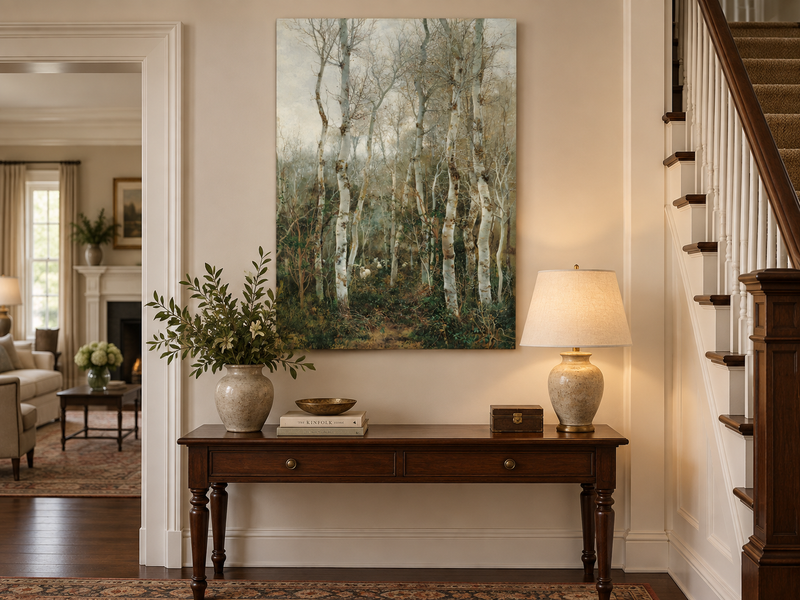 Peinture à l'huile de paysage - Rivière printanière avec pêcheur et arbres
