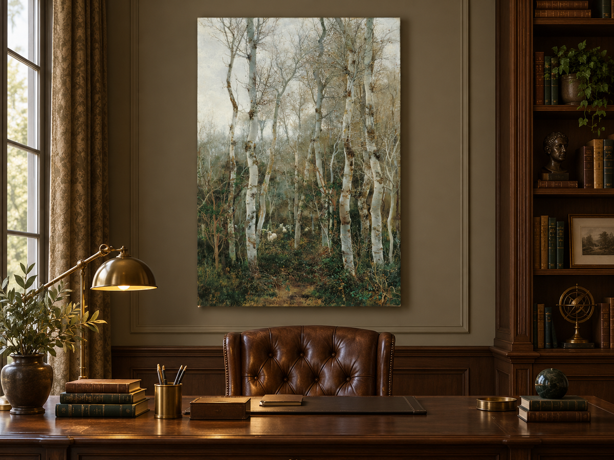 Peinture à l'huile de paysage - Rivière printanière avec pêcheur et arbres