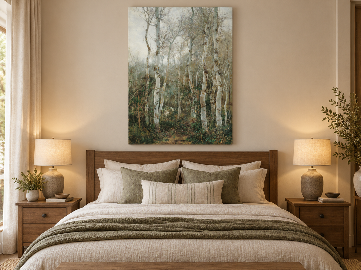Peinture à l'huile de paysage - Rivière printanière avec pêcheur et arbres