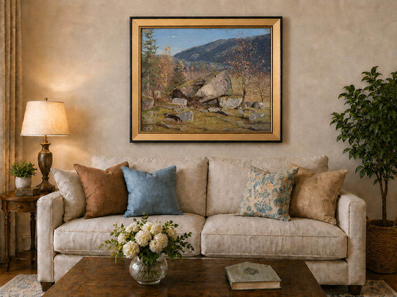 Landscape Oil Painting - Autumn Mountain Landscape with Boulder