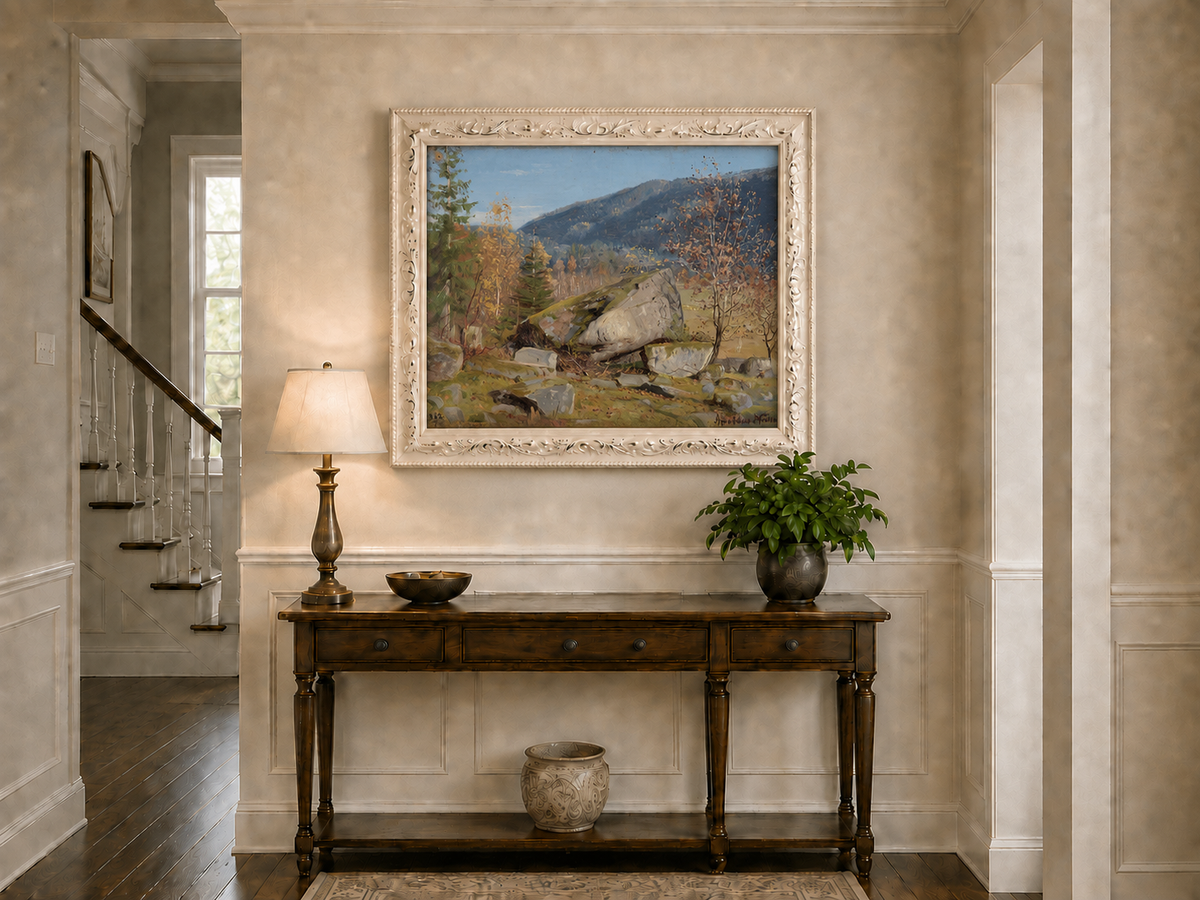 Landscape Oil Painting - Autumn Mountain Landscape with Boulder