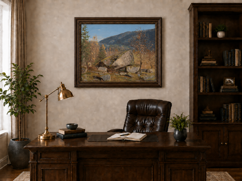 Landscape Oil Painting - Autumn Mountain Landscape with Boulder