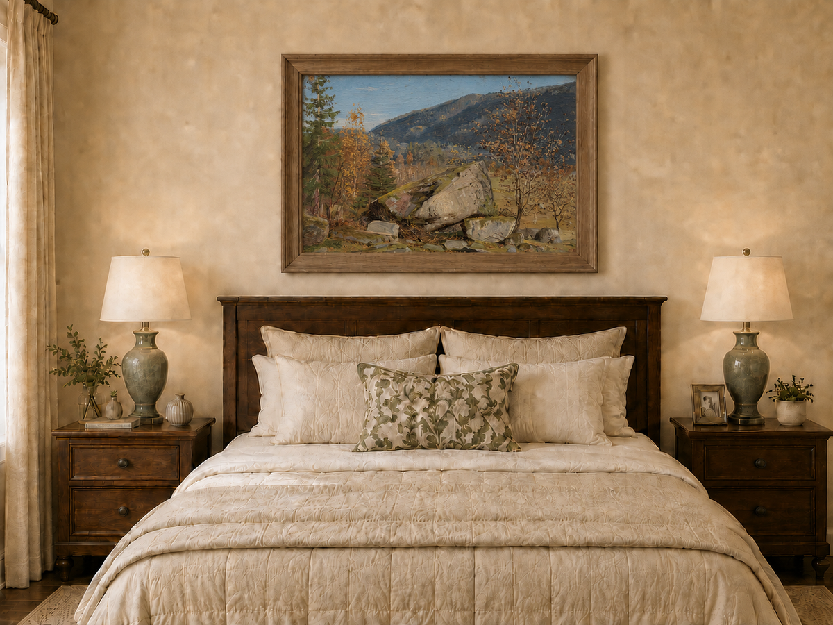 Landscape Oil Painting - Autumn Mountain Landscape with Boulder
