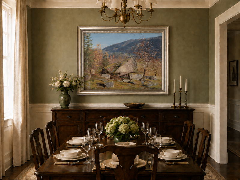 Landscape Oil Painting - Autumn Mountain Landscape with Boulder
