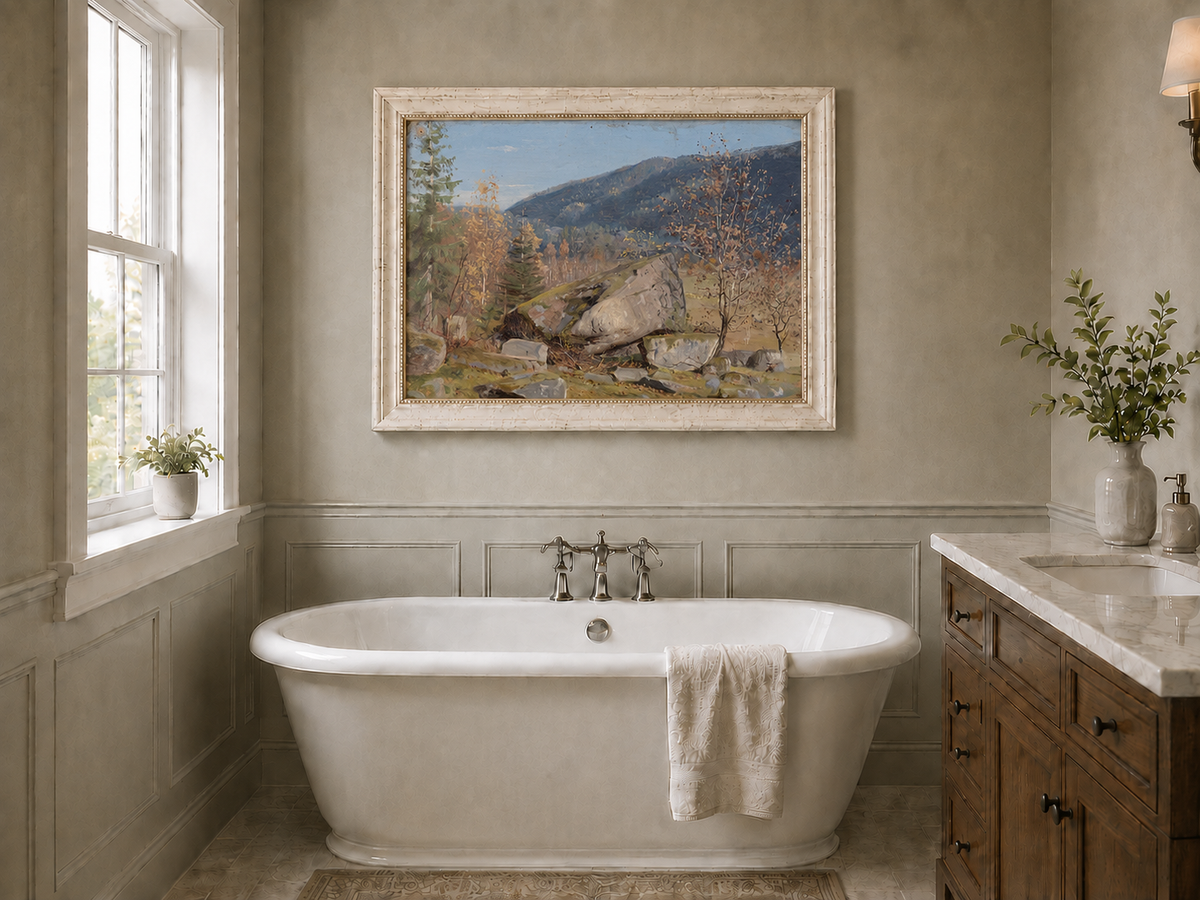 Landscape Oil Painting - Autumn Mountain Landscape with Boulder