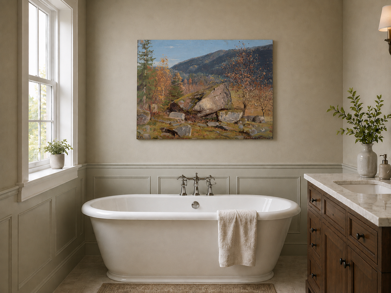 Landscape Oil Painting - Autumn Mountain Landscape with Boulder