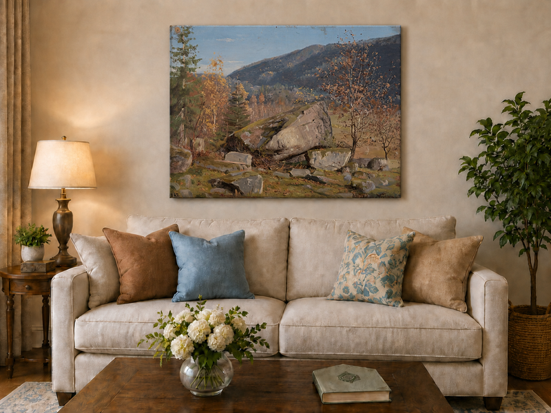 Landscape Oil Painting - Autumn Mountain Landscape with Boulder