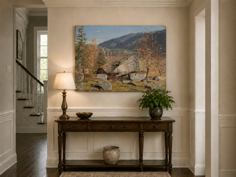 Landscape Oil Painting - Autumn Mountain Landscape with Boulder