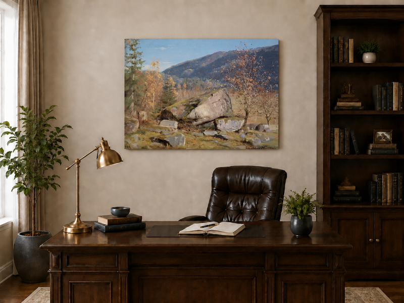 Landscape Oil Painting - Autumn Mountain Landscape with Boulder