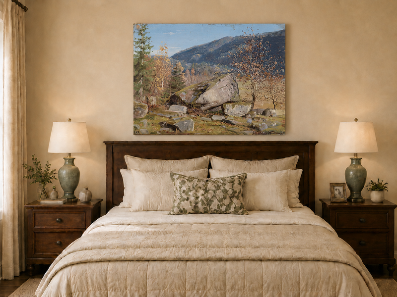 Landscape Oil Painting - Autumn Mountain Landscape with Boulder