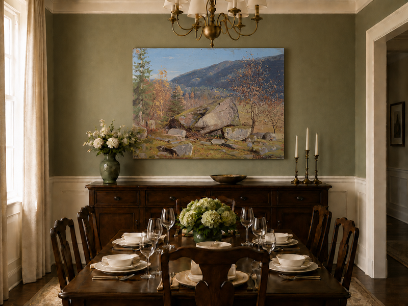 Landscape Oil Painting - Autumn Mountain Landscape with Boulder