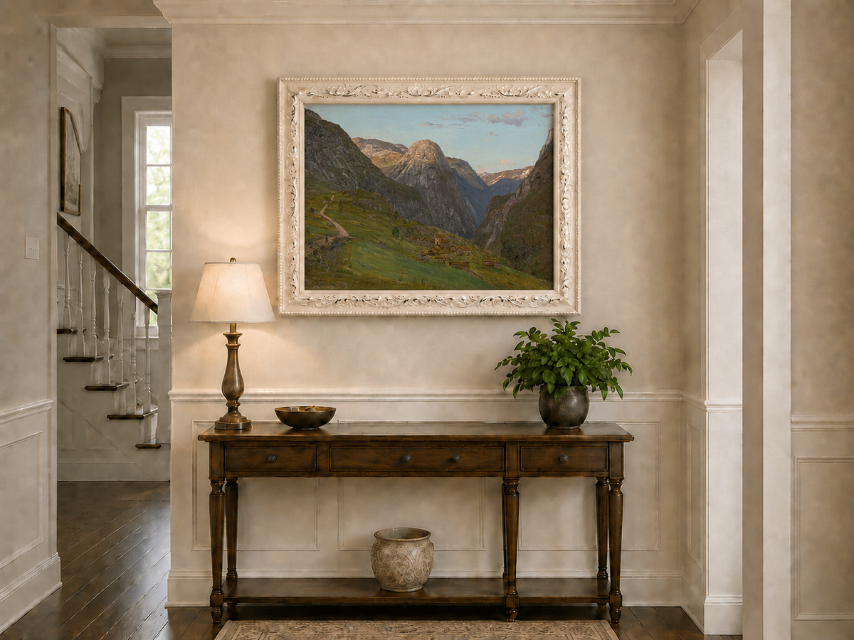 Landscape Oil Painting - Mountain Valley Village and Winding Road
