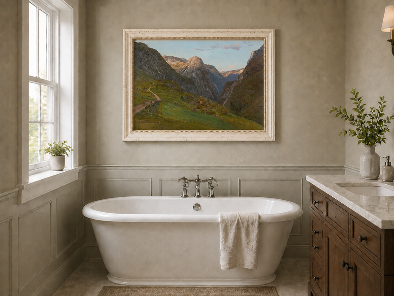 Landscape Oil Painting - Mountain Valley Village and Winding Road