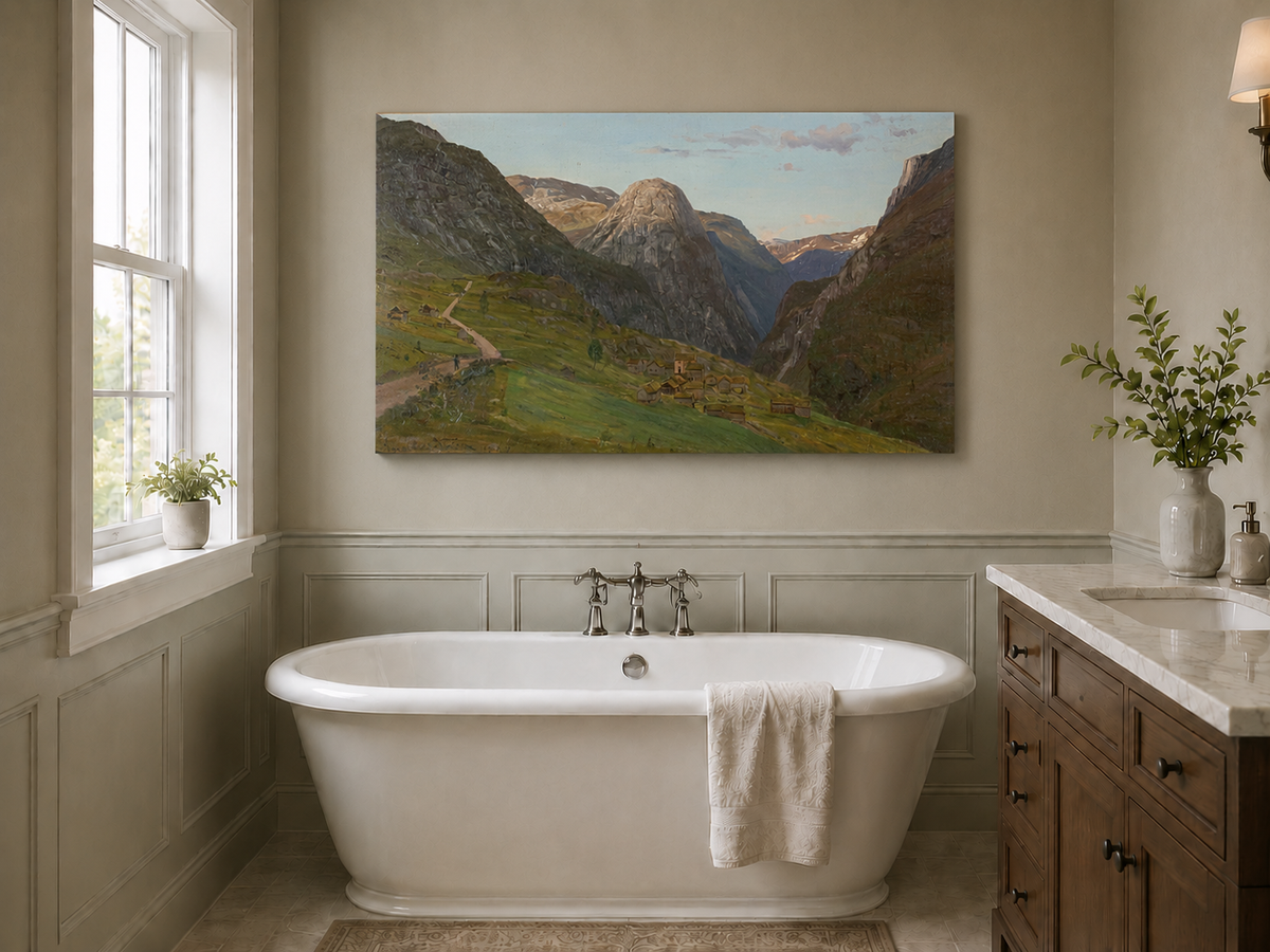 Landscape Oil Painting - Mountain Valley Village and Winding Road