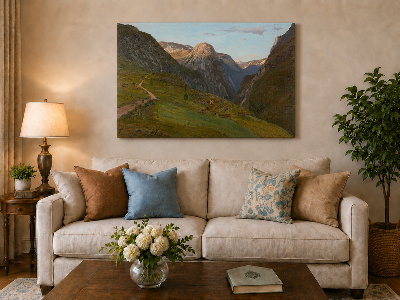 Landscape Oil Painting - Mountain Valley Village and Winding Road