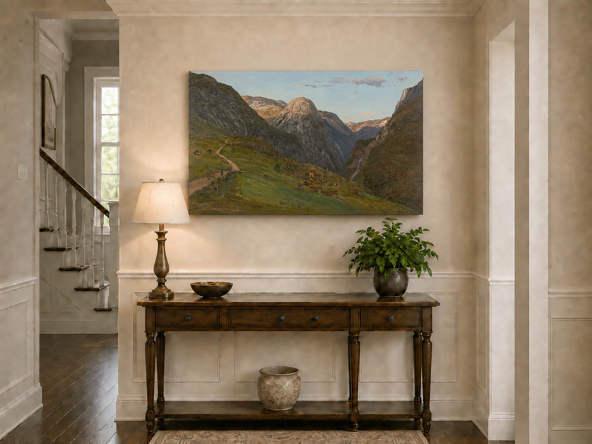 Landscape Oil Painting - Mountain Valley Village and Winding Road