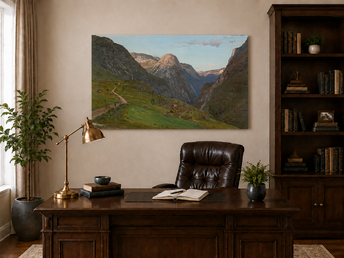 Landscape Oil Painting - Mountain Valley Village and Winding Road